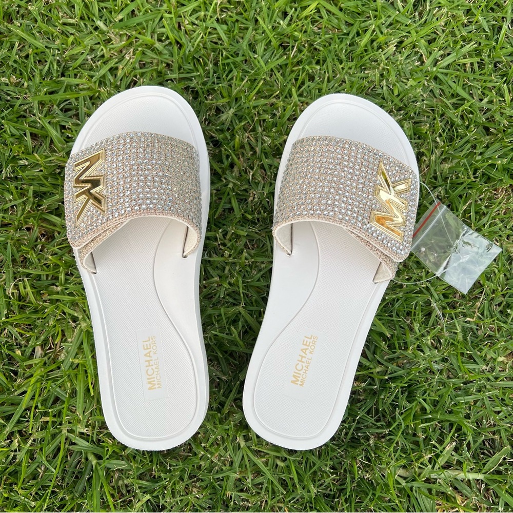 MK Platform Slide Glitter Chain Mesh Gold 6M - Picture 2 of 8